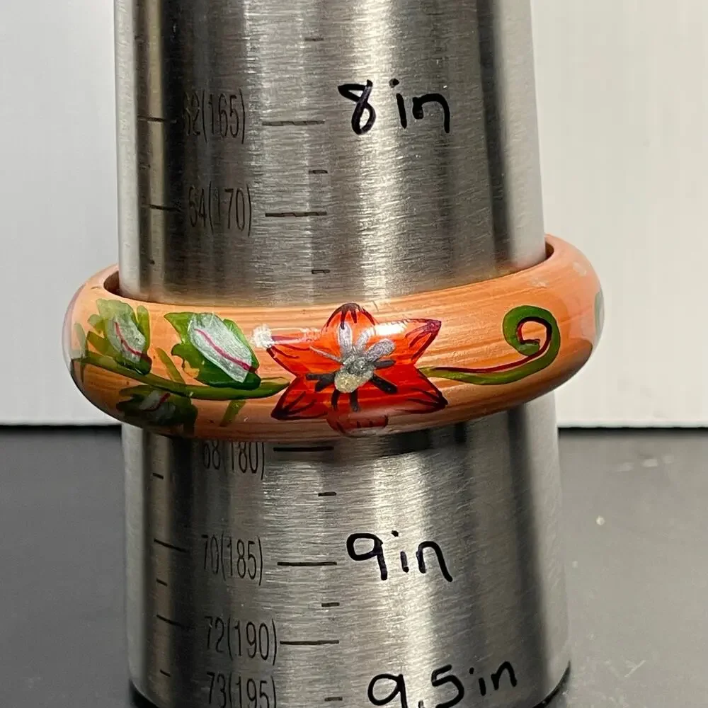 Hand Painted Wood Bangle Bracelet Floral Flowers Lacquered Folk Art 8.5